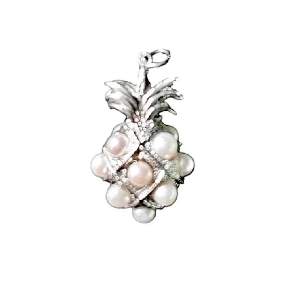 Vintage Pineapple Charm Faux Pearl Pendant Faux Pearl Silver